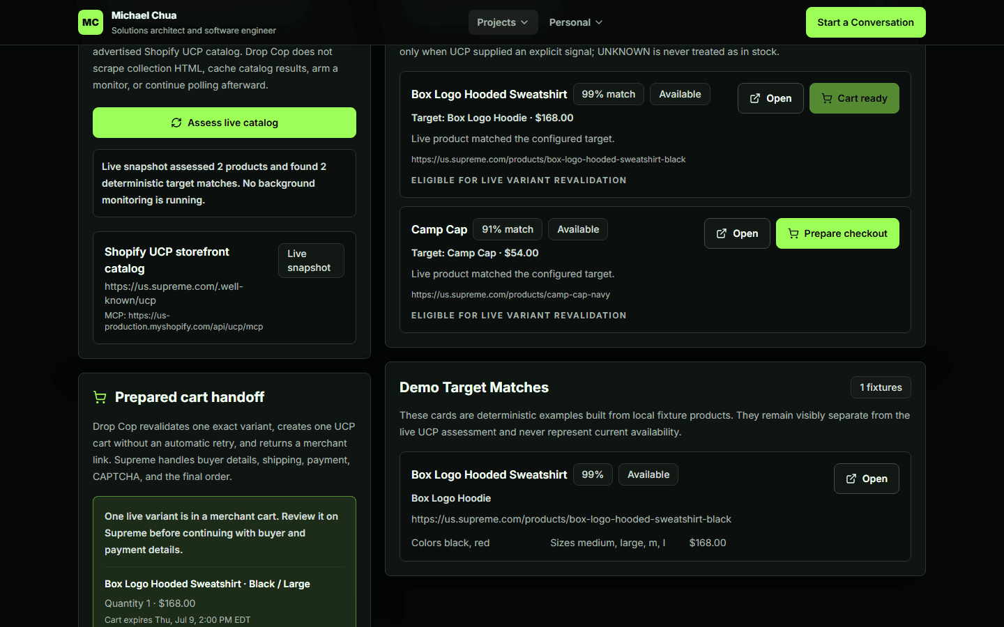 Drop Cop radar showing a completed official URL check and demo target matches.